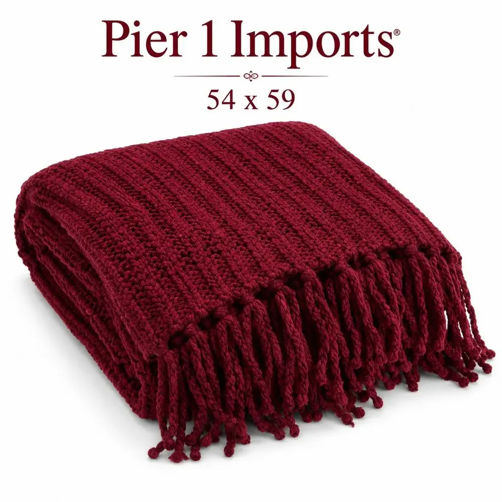 Pier 1 Imports Burgundy Knit Throw Blanket Fringe Soft Cozy Home Decor 54x59